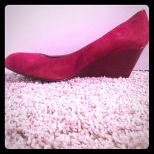 Red faux suede wedges
