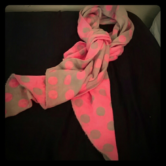 A pink and tan- Grey polka-dots scarf