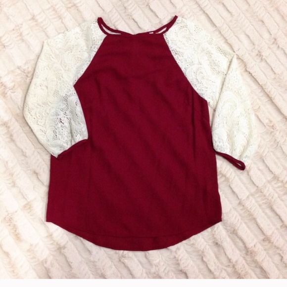 Tops - Wine lace sleeved baseball shirt
