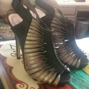 Metallic/black strappy heels