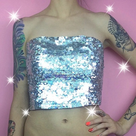 Holographic sequin tube top