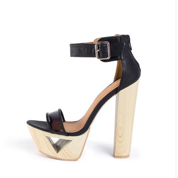 Cut toe open black leather heels