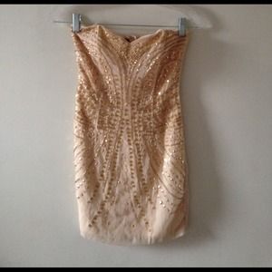 H&M Beige Beaded Sequin Strapless Dress