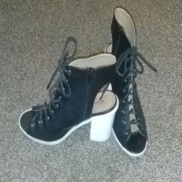 Black peep toe lace up booties