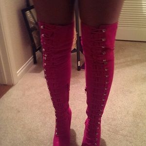 Fuchsia Thigh High military lace up boots
