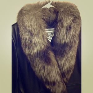 Black genuine leather coat with Fox fur collar