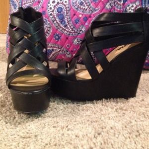 NIB Adorable black strap wedges size 7.