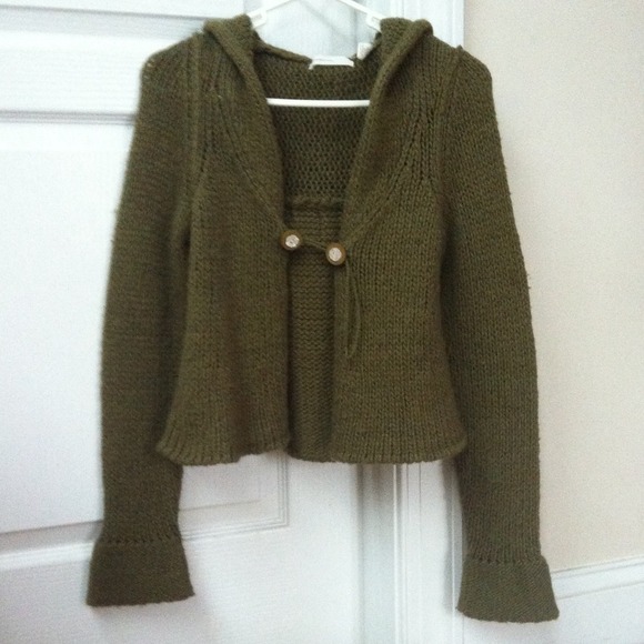 Anthropologie Green Wool Hooded Cardigan Sweater