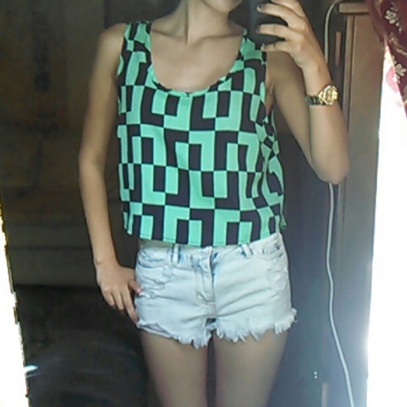 Aqua & Navy blue patterned blouse