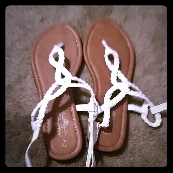 White flat braided sandals