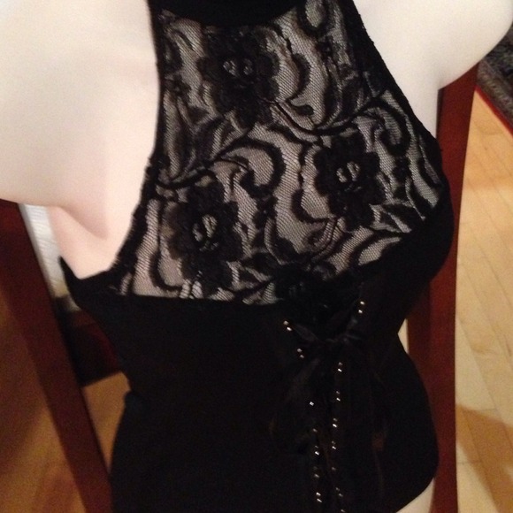 🚫 NO TRADE BLACK HALTER W/LACE OVER BUST SZ M - Picture 2 of 4