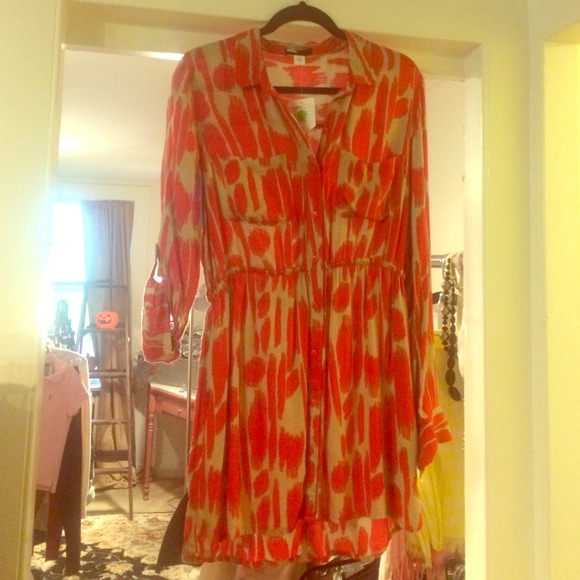 SOLD BDG button down red and tan patterned dress.