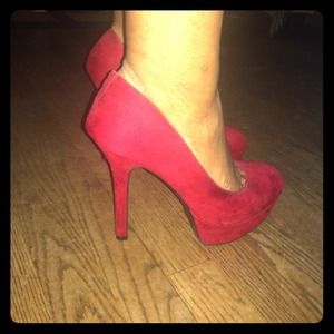 Red Faux Suede Platform Heels