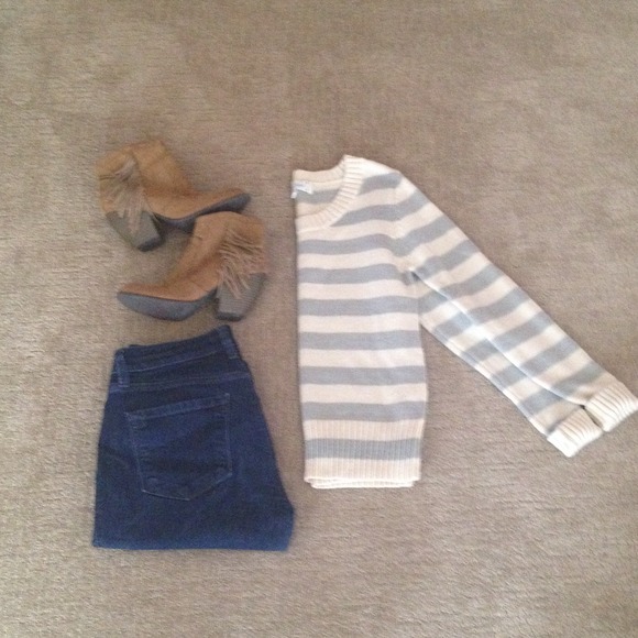 Grey & Cream Striped Sweater - Size M