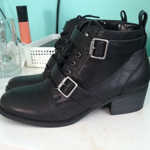 ❤️Black Edgy Fall Ankle Boots Buckles Faux Leather