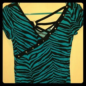 Teal blue zebra punk studded short sleeved top