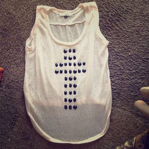 Beige tank with jeweled black cross.