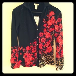 Cache' button up leopard and floral top