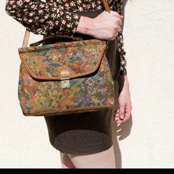 Vintage Accessories - Vintage Leather Floral Tapestry Crossbody Satchel
