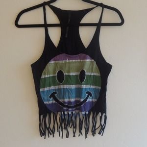 Black smiley face fringe tank top