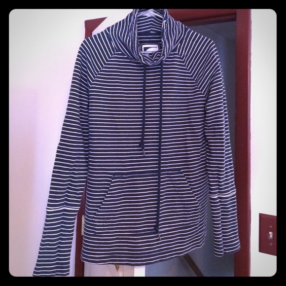 navy and white cowl neck sweatshirt