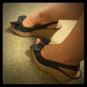 A.N.A Journee navy blue wedge sandals w/bow accent