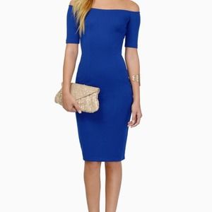 off the shoulder royal blue tight fitted dress