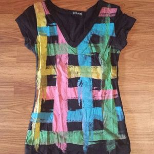 Black t shirt with multip neon crisscross stripes
