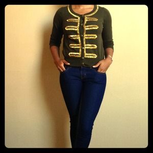 Military style Olive green cardigan with gold