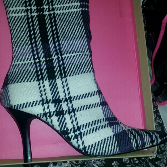 PLAID FABRIC HIGH HEEL POINTY TOE BOOTS