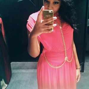 Pink long closed neck dress open back