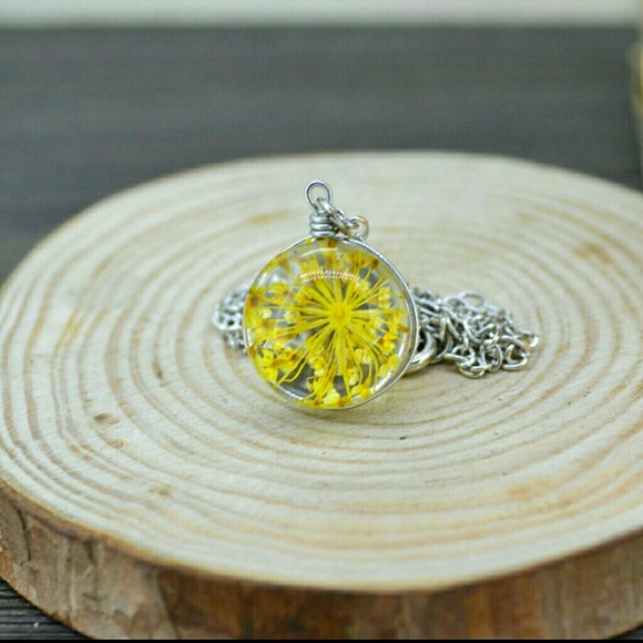Yellow Dried Pressed Flower Glass Marble Necklace