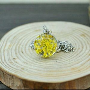 Yellow Dried Pressed Flower Glass Marble Necklace