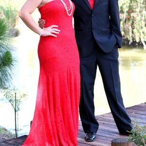 Red Cache floral lace prom dress