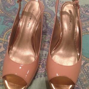 Nude and pink patten leather open toed heels