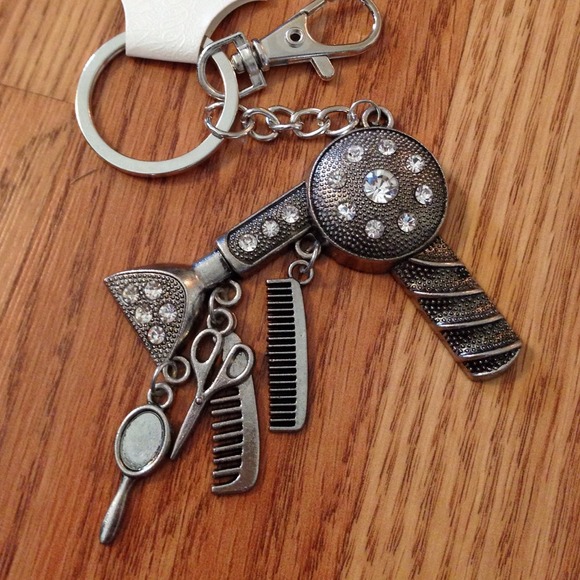 Silver beautician keychain with rhinestones