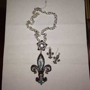 Turquoise and rhinestone silver Fleur de Lis set