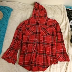 Red button down.