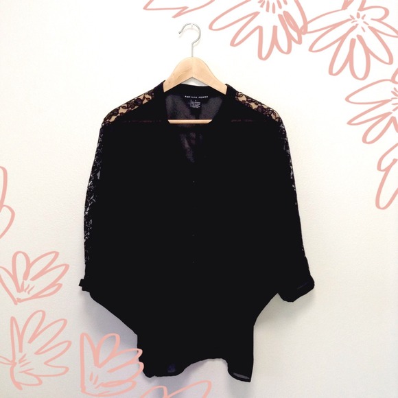 Black batwing blouse with lace sleeves