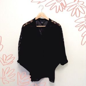 Black batwing blouse with lace sleeves