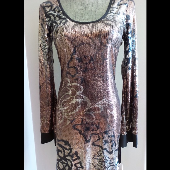 HALE BOB Black Dress Sequin Floral Print Dress