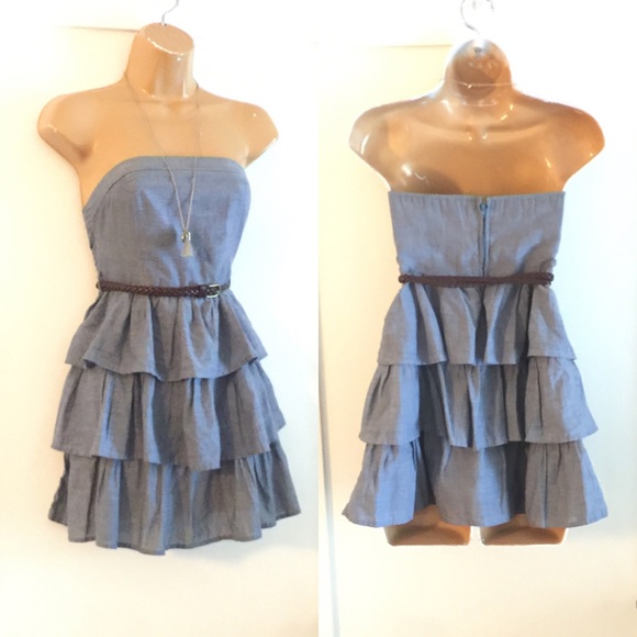CUTE CHAMBRAY STRAPLESS RUFFLE DRESS - Picture 2 of 4