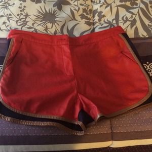 Red/blue/tan faux leather shorts