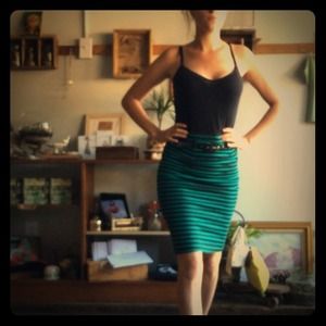 Green and black stripes skirt with belt