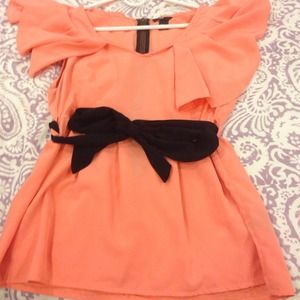 Salmon top with black satin belt