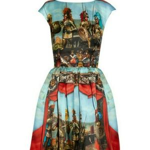Blue and Red Cap Sleeve Theater Printed Midi Dress