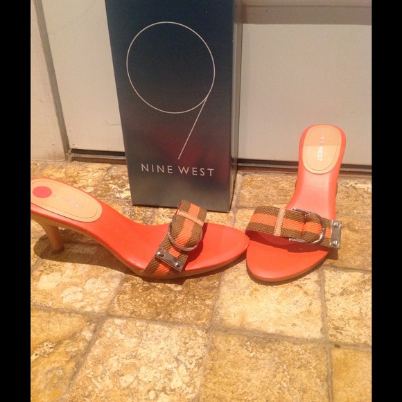 Barely worn, low heel, orange & tan