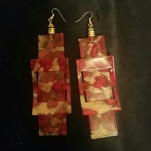 Red leopard print geometric rectangular earrings.
