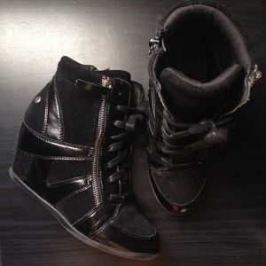 Faux Suede + Patent Leather Sneaker Wedges