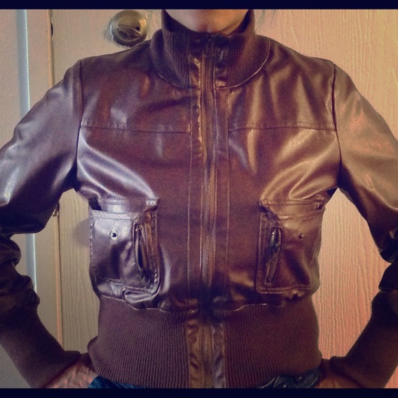 Brown gold pleather aviator jacket